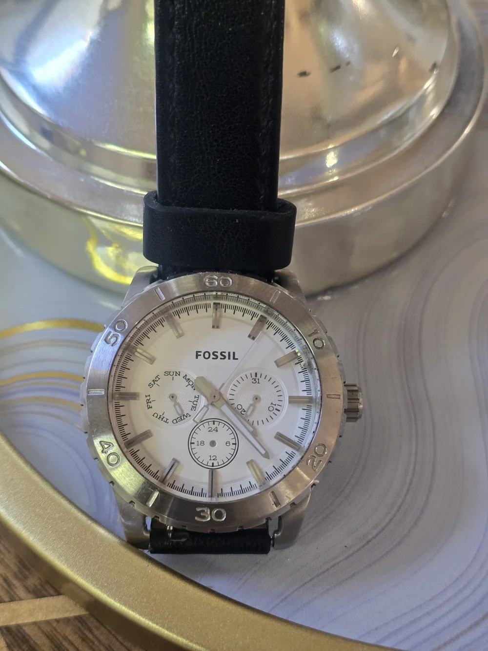 Fossil Men's Black Leather Strap Chronograph Watch - White Dial Missing Hands